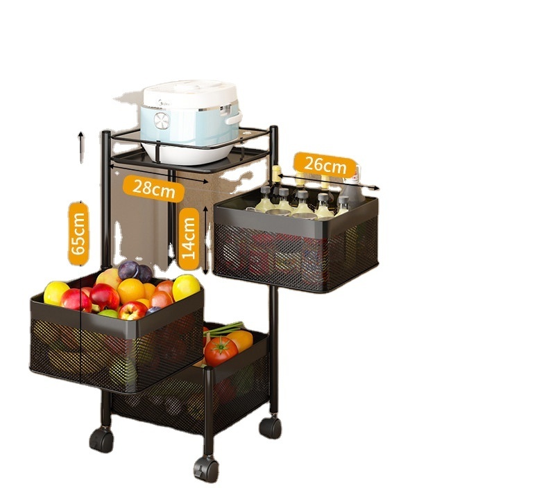 3 Layers 360 Degree Rotating Carbon Steel Shelf Kitchen Square Rotating Fruit Vegetable Basket Movable Storage with Wheels Rack