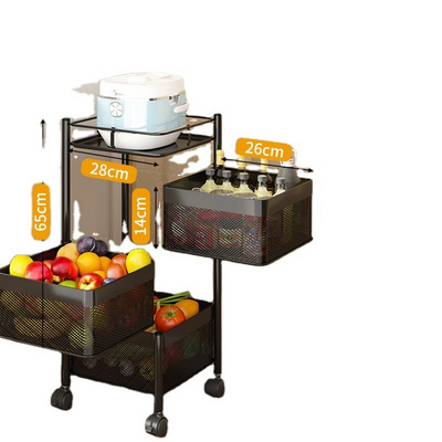 3 Layers 360 Degree Rotating Carbon Steel Shelf Kitchen Square Rotating Fruit Vegetable Basket Movable Storage with Wheels Rack