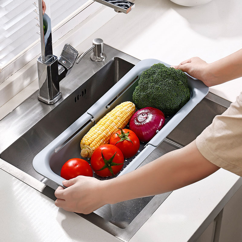 Kitchen Fruit Vegetable Storage Container Adjustable Plastic Strainer Retractable Creative Over The Sink Drain Basket