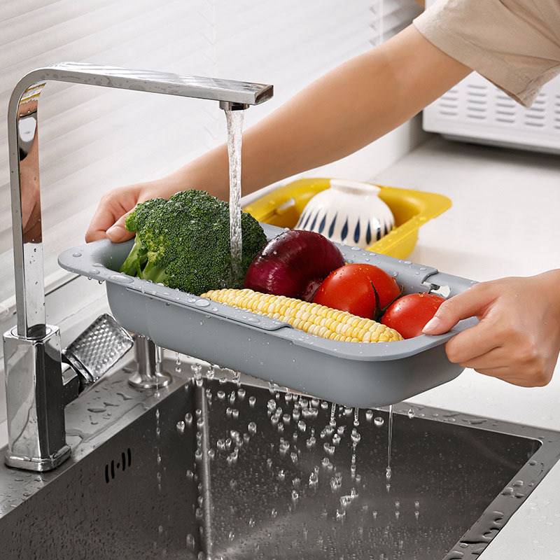 Kitchen Fruit Vegetable Storage Container Adjustable Plastic Strainer Retractable Creative Over The Sink Drain Basket