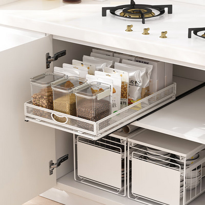 Household Slide Out Cabinet Drawer Pull Out Wire Basket Cabinet Organizer Kitchen Spice Storage Drawers