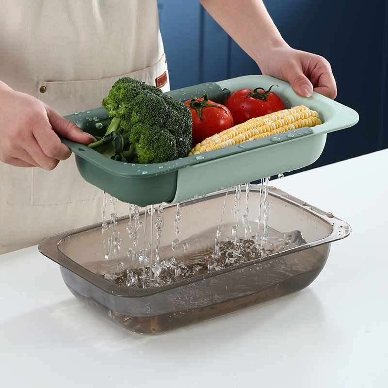 Kitchen Fruit Vegetable Storage Container Adjustable Plastic Strainer Retractable Creative Over The Sink Drain Basket