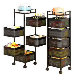 4 Layers Movable Storage with Wheels Rack 360 Degree Rotating Carbon Steel Shelf Kitchen Square Rotating Fruit Vegetable Rack