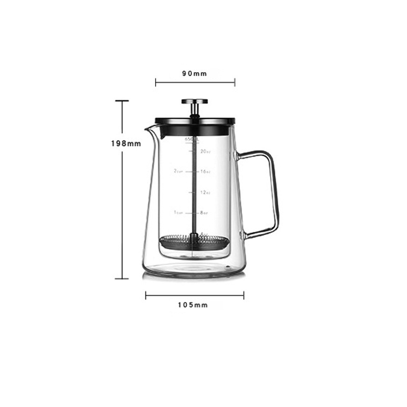 650ML Insulated Double Layer Glass Pot with Lid Household Filter Business Accessory Heat Resistant French Press Coffee Maker