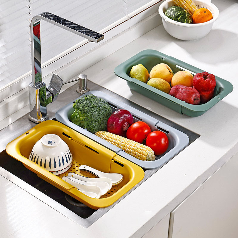 Kitchen Fruit Vegetable Storage Container Adjustable Plastic Strainer Retractable Creative Over The Sink Drain Basket