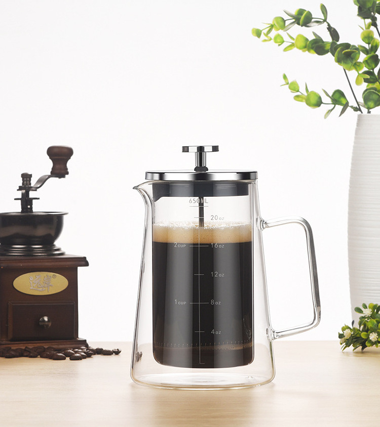 650ML Insulated Double Layer Glass Pot with Lid Household Filter Business Accessory Heat Resistant French Press Coffee Maker