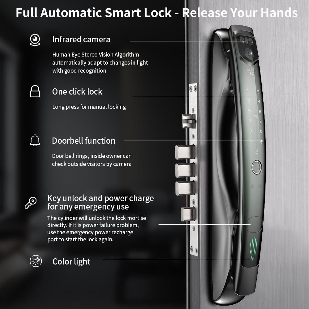 Biometric Electronic 3D face recognition inside viewer full automated strong 6068 mortise wifi smart door lock with camera