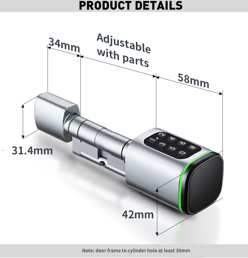 Tuya Passcode Smart Adjustable Cylinder Door Lock For Replacing Old Mechanical Cylinder