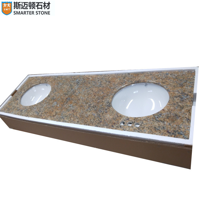 Giallo Fiorito Yellow Granite Stone Bathroom Basin Vanity Top Countertops With Built In Single or double Sinks high quality