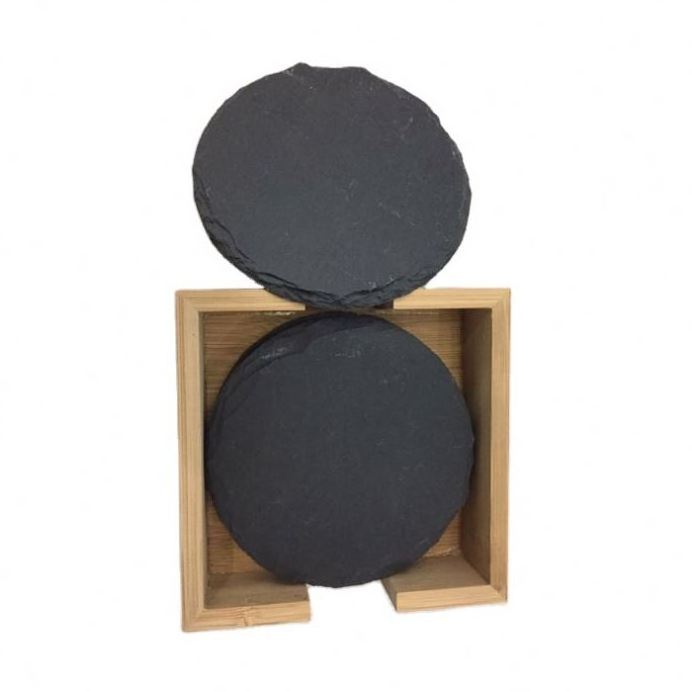 There are round food plates or cup insulation pads with extra square storage boxes black slate coaster set