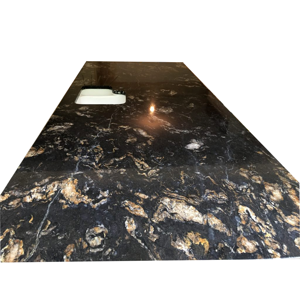 Island top cosmic black granite black brown titanium gold granite 3cm thick eased edges