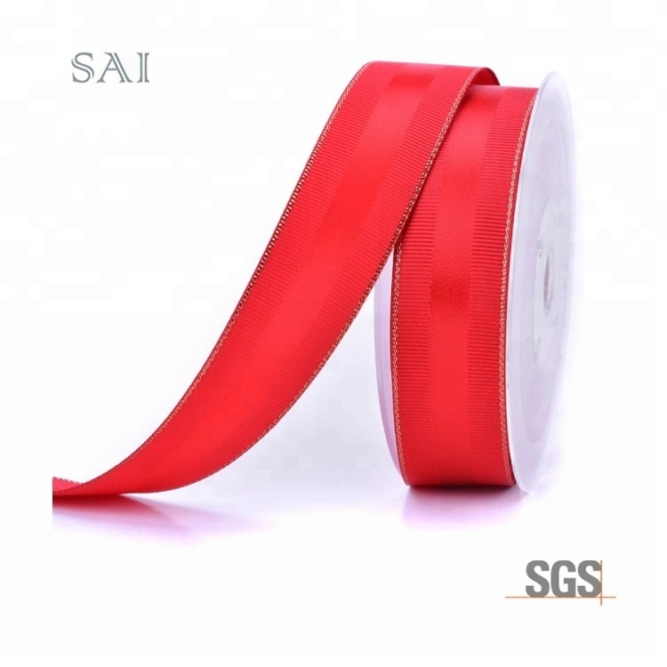 Wholesale High Quality Solid Color Grosgrain Pink Gold Edges Satin Ribbon