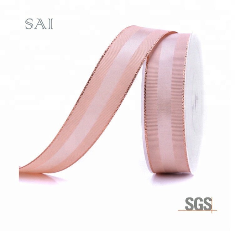 Wholesale High Quality Solid Color Grosgrain Pink Gold Edges Satin Ribbon