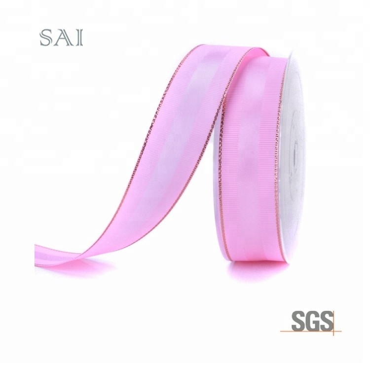 Wholesale High Quality Solid Color Grosgrain Pink Gold Edges Satin Ribbon