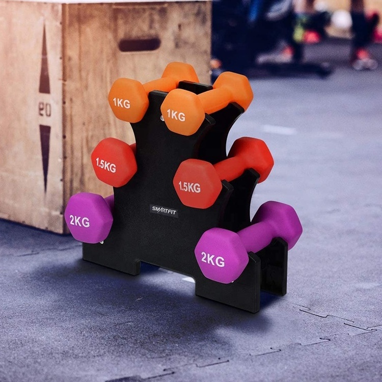 wholesale custom hex vinyl neoprene rubber coated dumbbell set with rack 9kg 12kg 32LB Smartfit