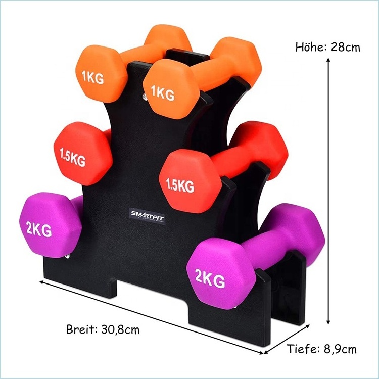 wholesale custom hex vinyl neoprene rubber coated dumbbell set with rack 9kg 12kg 32LB Smartfit