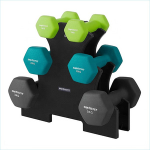 wholesale custom hex vinyl neoprene rubber coated dumbbell set with rack 9kg 12kg 32LB Smartfit