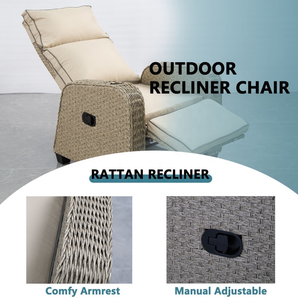 Reclining Garden Armchair Rattan Outdoor Recliner Cushioned Patio Chair -Natural