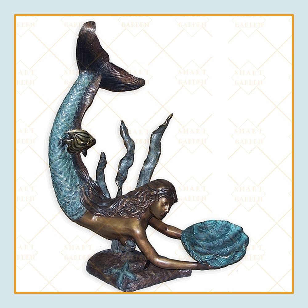 Garden art sculpture life size bronze mermaid statue and dolphin water fountain