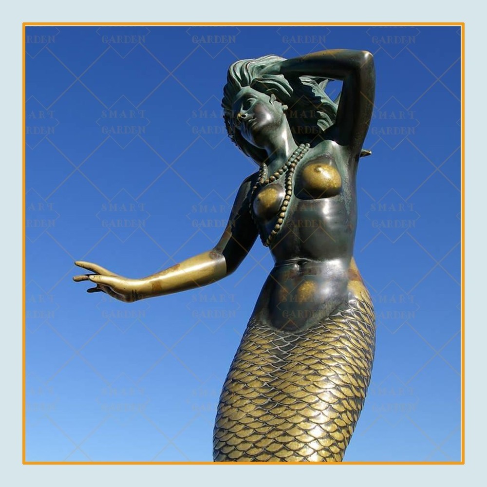 Garden art sculpture life size bronze mermaid statue and dolphin water fountain