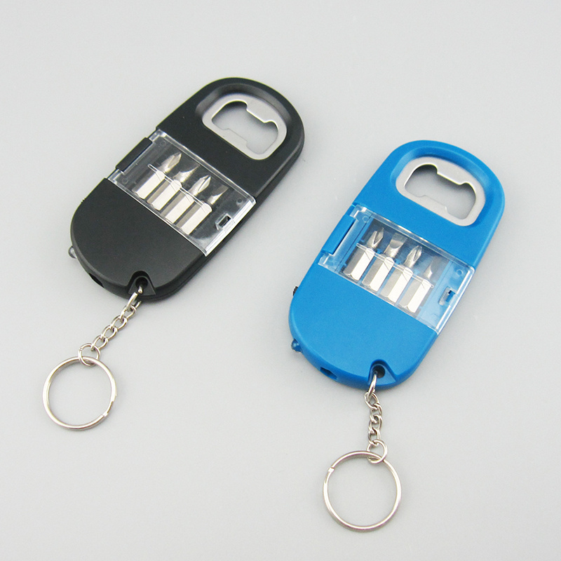 Mini 4 in 1 Multi-function Led Screwdriver kit with Bottle Opener key chain Tools Set for promotion