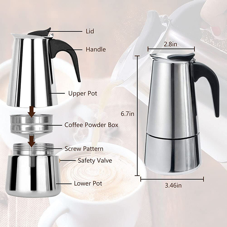 Stainless steel Stovetop Espresso Maker 6 Cup Espresso Moka Pot for Full Flavored Espresso Percolator Italian Coffee Maker