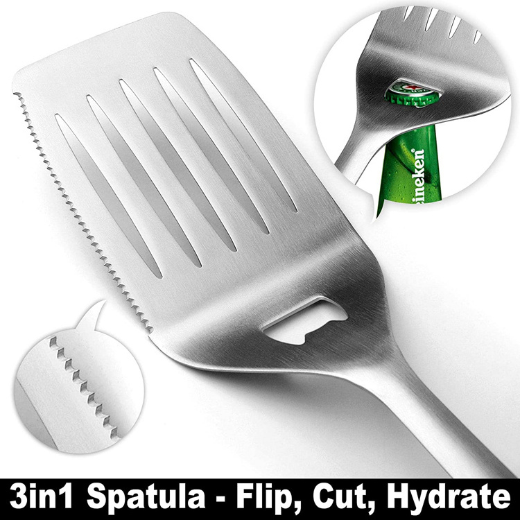 Extra thick stainless steel fork tongs spatula complete grilling accessories in portable bag