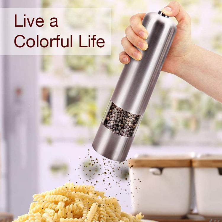 Battery Operated Stainless Steel Spice Mills with Light - One Handed Push Pepper grinder  pepper and salt mill