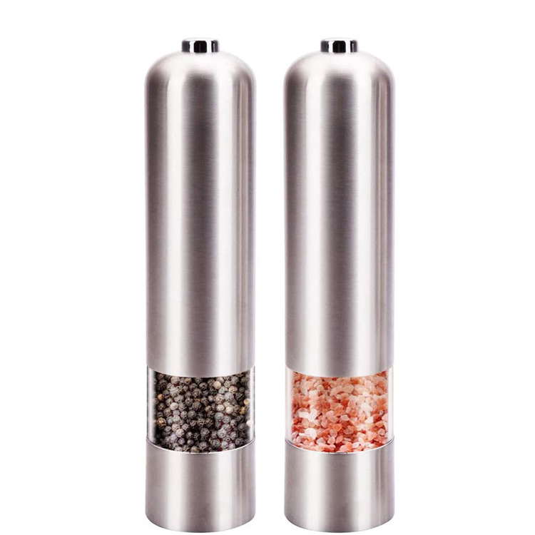 Battery Operated Stainless Steel Spice Mills with Light - One Handed Push Pepper grinder  pepper and salt mill