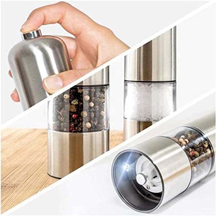 Battery Operated Stainless Steel Spice Mills with Light - One Handed Push Pepper grinder  pepper and salt mill