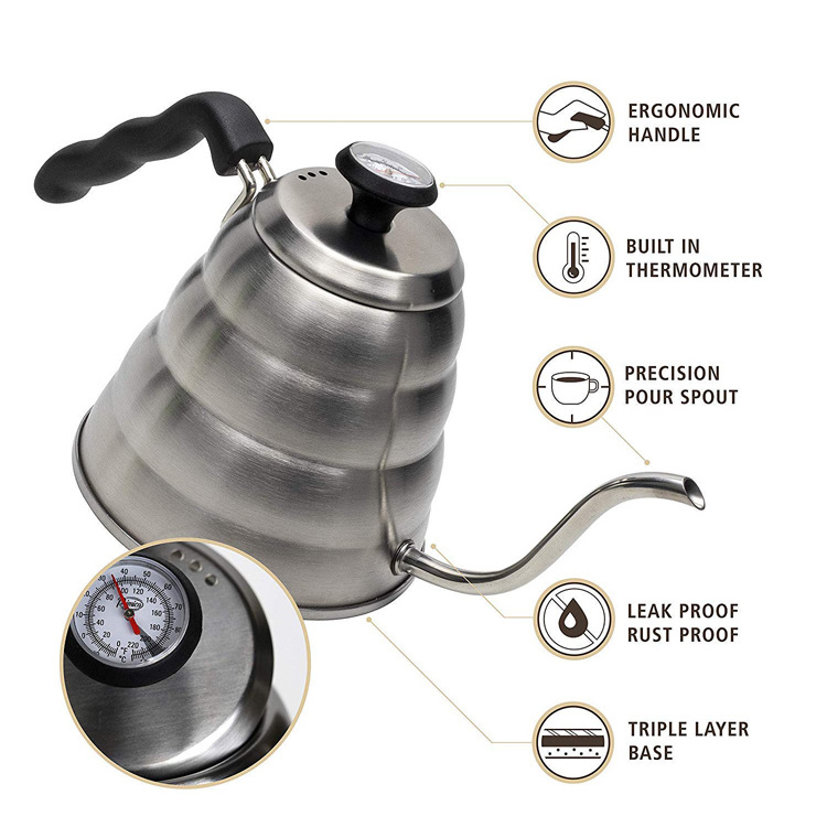 1.2 Liter Stainless Steel electric coffee filter kettle with Built-in Thermometer Gooseneck Pour Over Coffee Pot