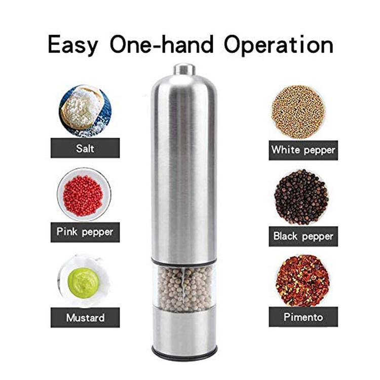 Battery Operated Stainless Steel Spice Mills with Light - One Handed Push Pepper grinder  pepper and salt mill