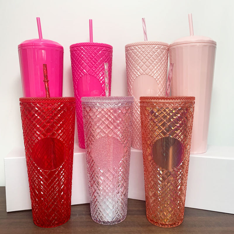 2022 New Bling Stunning 24oz Double Wall Plastic Cold Coffee Cup Kaleidoscope Venti Dome Lid Tumbler with Lid and Straws