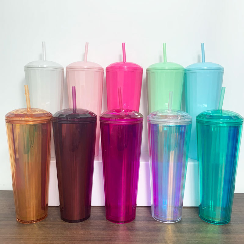 2022 New Bling Stunning 24oz Double Wall Plastic Cold Coffee Cup Kaleidoscope Venti Dome Lid Tumbler with Lid and Straws