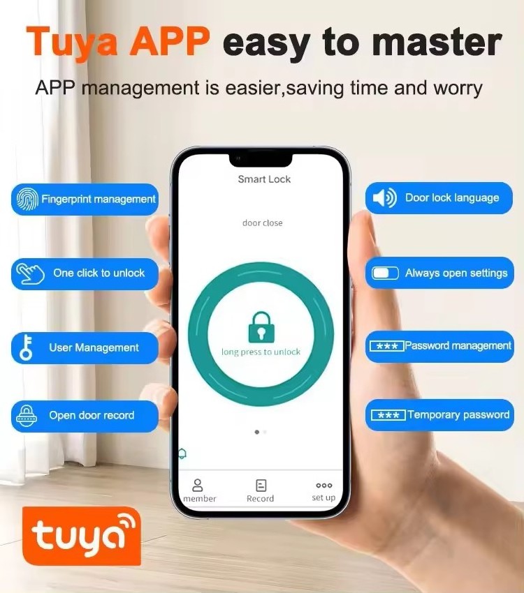 Smartier Apartment Home Room Digital Password Keyless Entry Tuya App Control Fingerprint Biometrics Safety Smart Door Lock