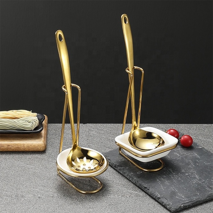 Porte-cuillere Gold Stainless Steel Table Spoon Rack Metal Holder Multifunctional Kitchen Ladle Ceramic dish soup Spoon Rest