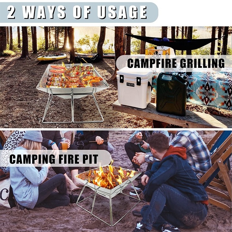 Premium Stainless Steel Portable Camping Fire Pit Foldable Wood Burning Charcoal Grill for Backpacking Hiking Travel Picnic BBQ