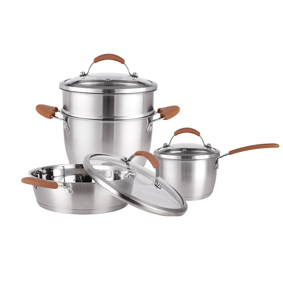 Juego de Ollas Stainless steel cooking cookware pots and pans sets wok saucepan logo custom oem safe pots cover color handle