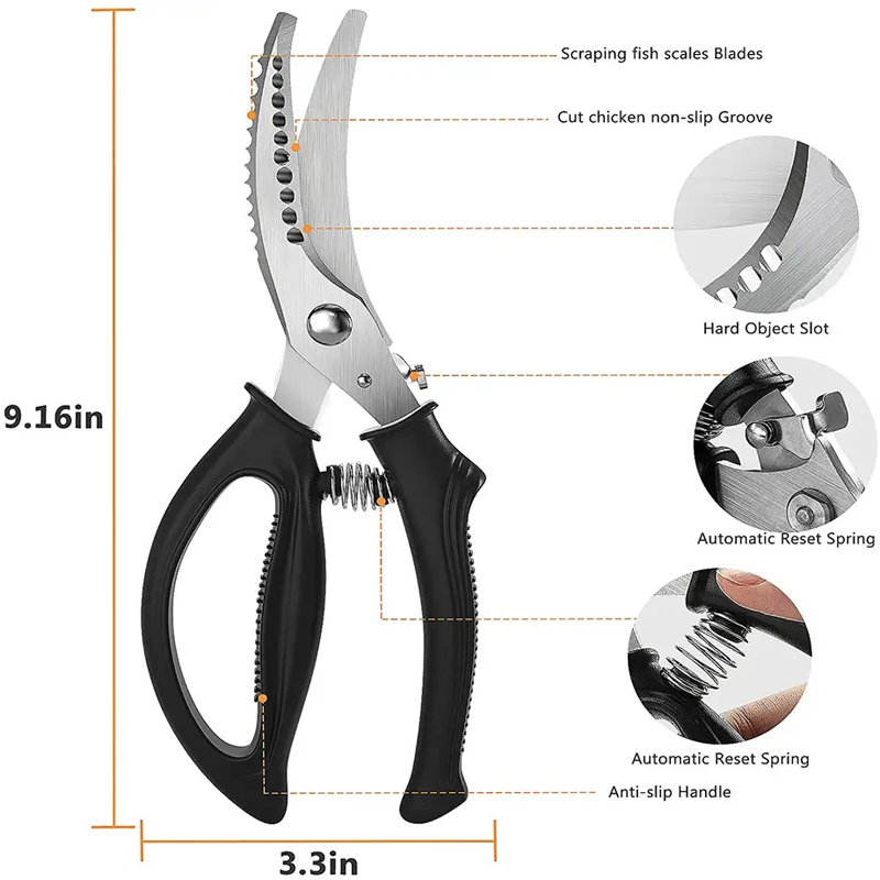 Hot Sale Poultry Shears Heavy Duty Kitchen Chicken Scissors Spring Loaded Meat Shears Anti Slip Handle Safety Lock For Bone Fish