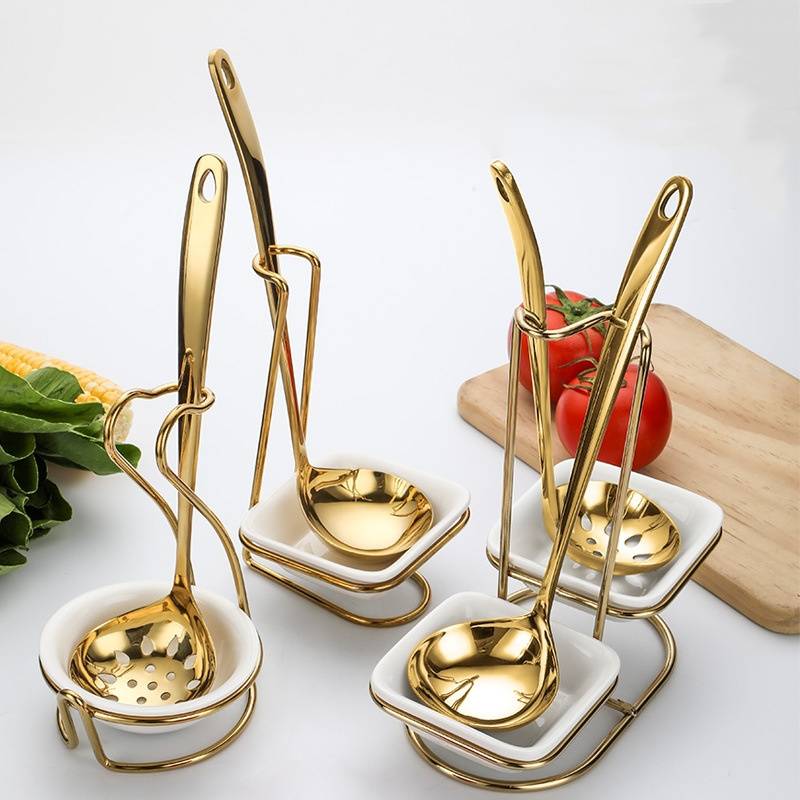 Hot Sale Standing Spoon Rest With Ceramic Dish Kitchen Stainless Steel Upright Spoon Holder Double Ladles Holder Utensil Stand