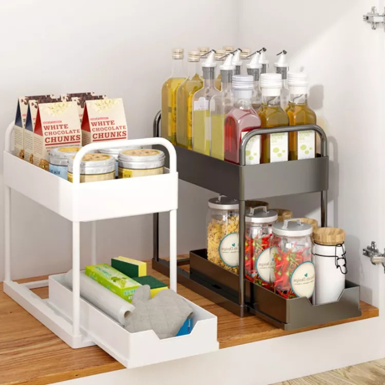 2 Tier Under Sink Organizers and Storage  Sliding Bathroom organizer Multi-Use Under Kitchen Cabinet Storage Shelf