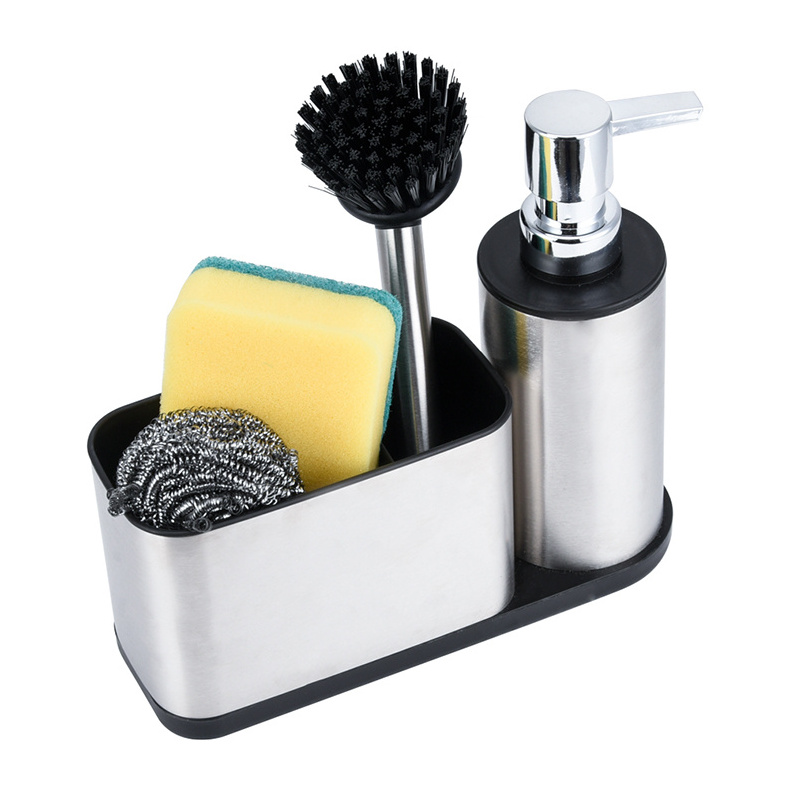 Stainless Steel Bathroom Dish Soap Dispensers with Caddy with Spare Brush  Kitchen Sink Organizer Sponge Holder for Countertop