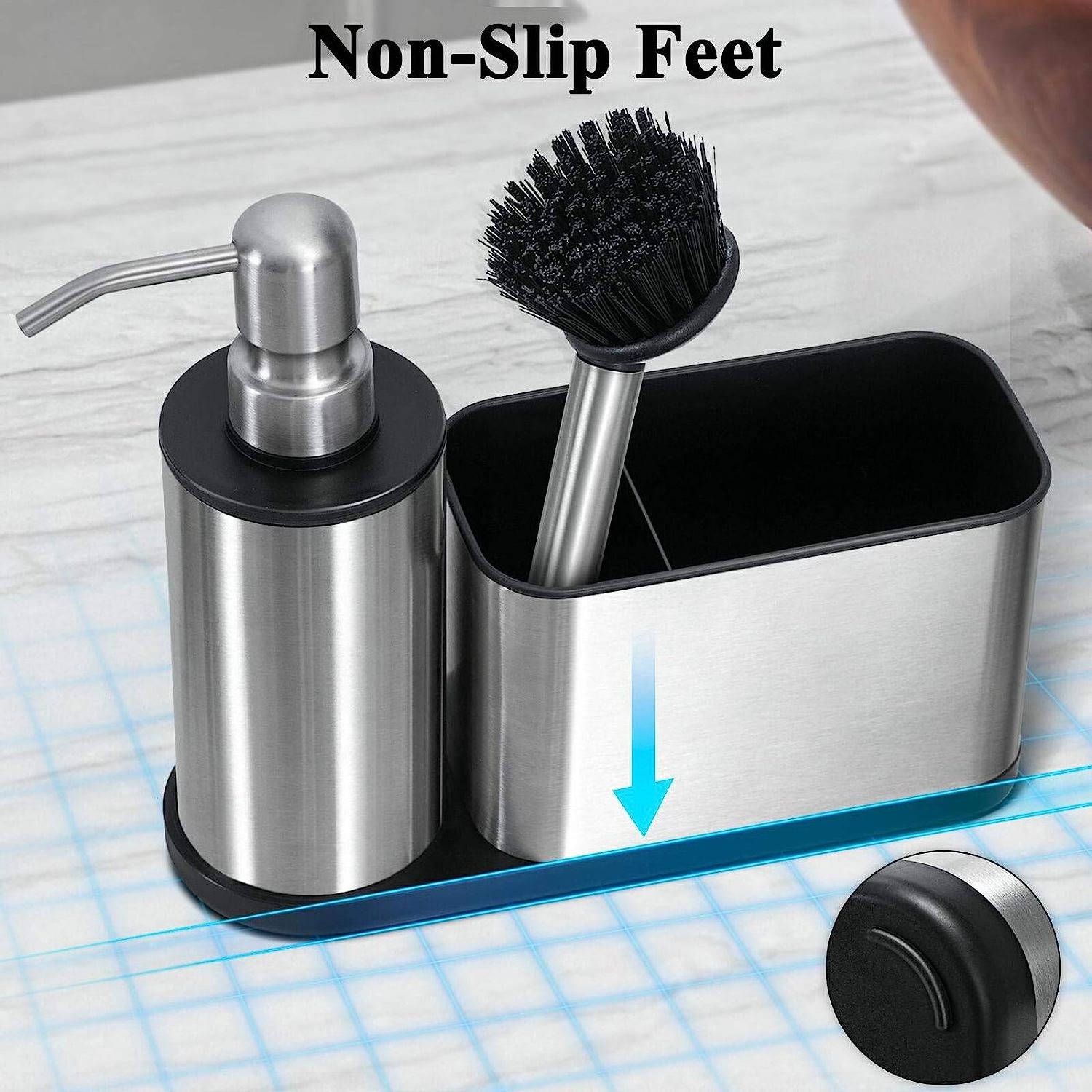 Stainless Steel Bathroom Dish Soap Dispensers with Caddy with Spare Brush  Kitchen Sink Organizer Sponge Holder for Countertop