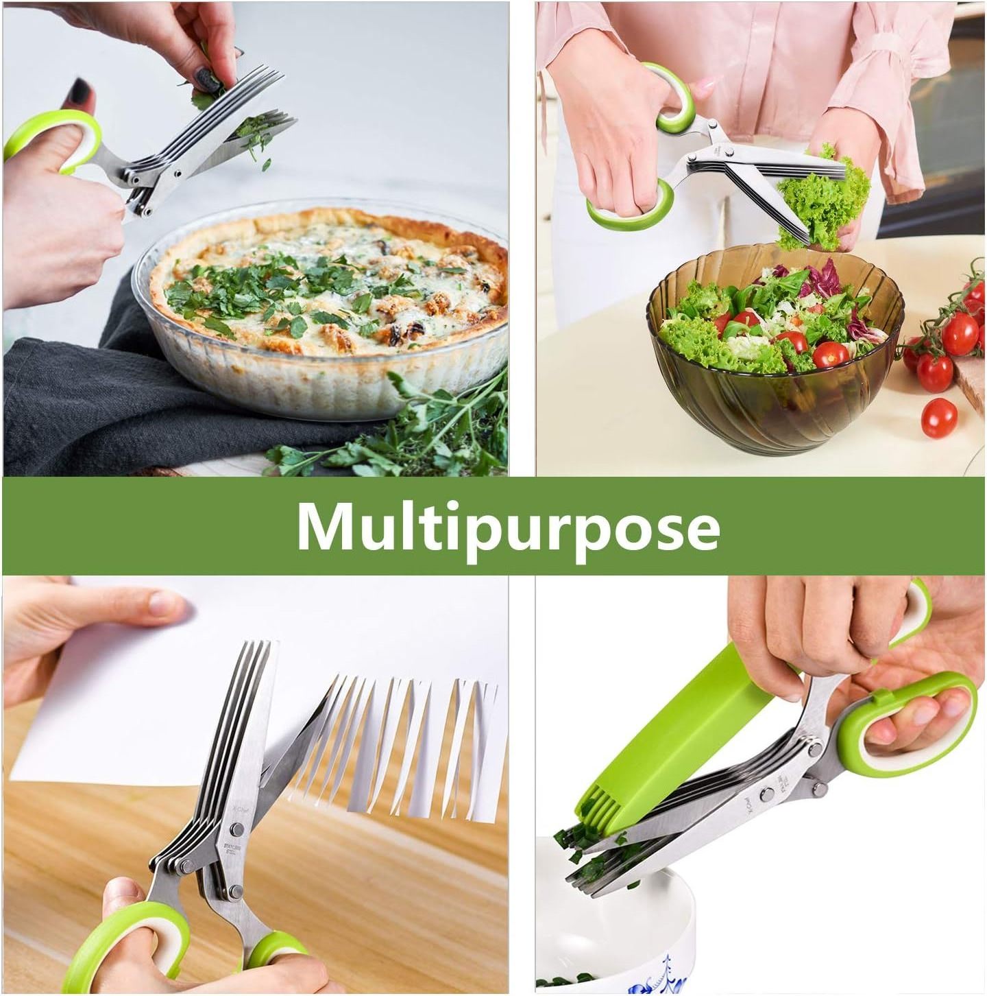 Herb Scissors Multipurpose 5 Blade Kitchen Herb Shears Herb Cutter with Safety Cover and Cleaning Comb for Chopping Basil Chive