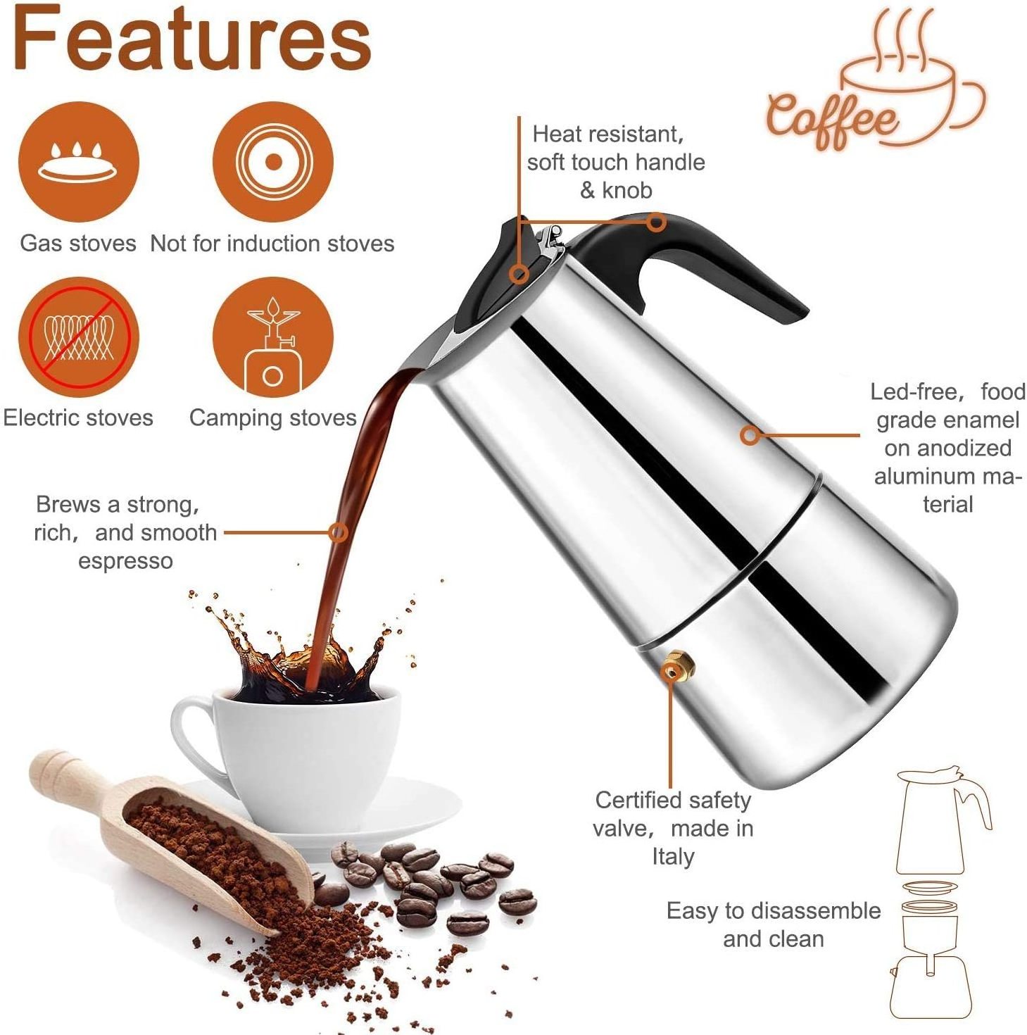 Stainless Steel Italian Coffee Machine Maker 6.8 oz Induction Moka Pot 2-12 Cup Electric Classic Yosemite Coffee Percolator Pot