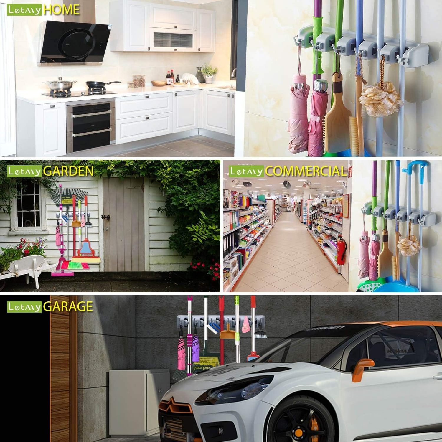 Broom Holder Wall Mount Garden Tool Organizer Home Laundry Room Kitchen Closet Shed Garage Organization and Storage Utility Rack