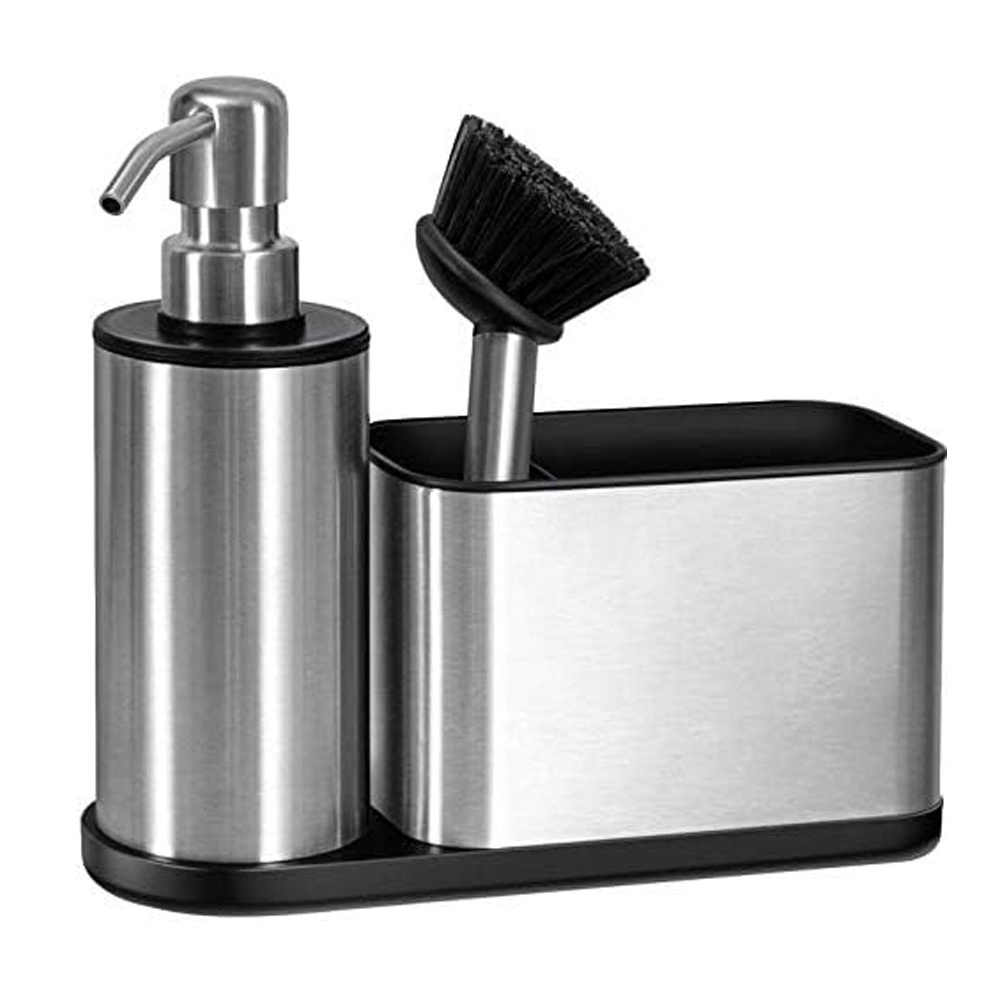 Stainless Steel Bathroom Dish Soap Dispensers with Caddy with Spare Brush  Kitchen Sink Organizer Sponge Holder for Countertop