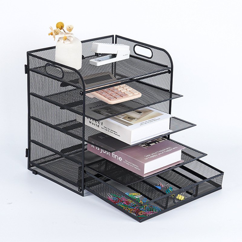 2023Best Seller 5-Trays Desktop File Organizer with Handle Letter Tray Paper Organizer with Drawer and Pen Holders Office School