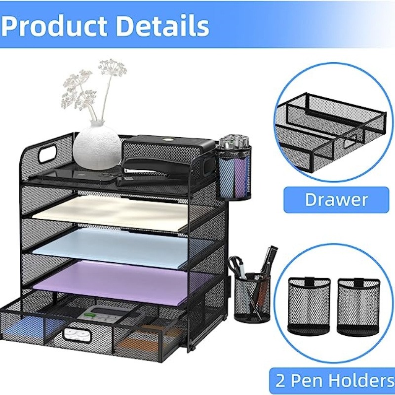 2023Best Seller 5-Trays Desktop File Organizer with Handle Letter Tray Paper Organizer with Drawer and Pen Holders Office School