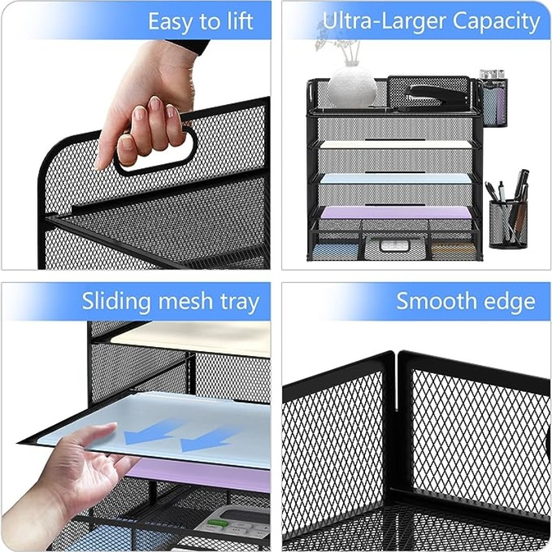 2023Best Seller 5-Trays Desktop File Organizer with Handle Letter Tray Paper Organizer with Drawer and Pen Holders Office School